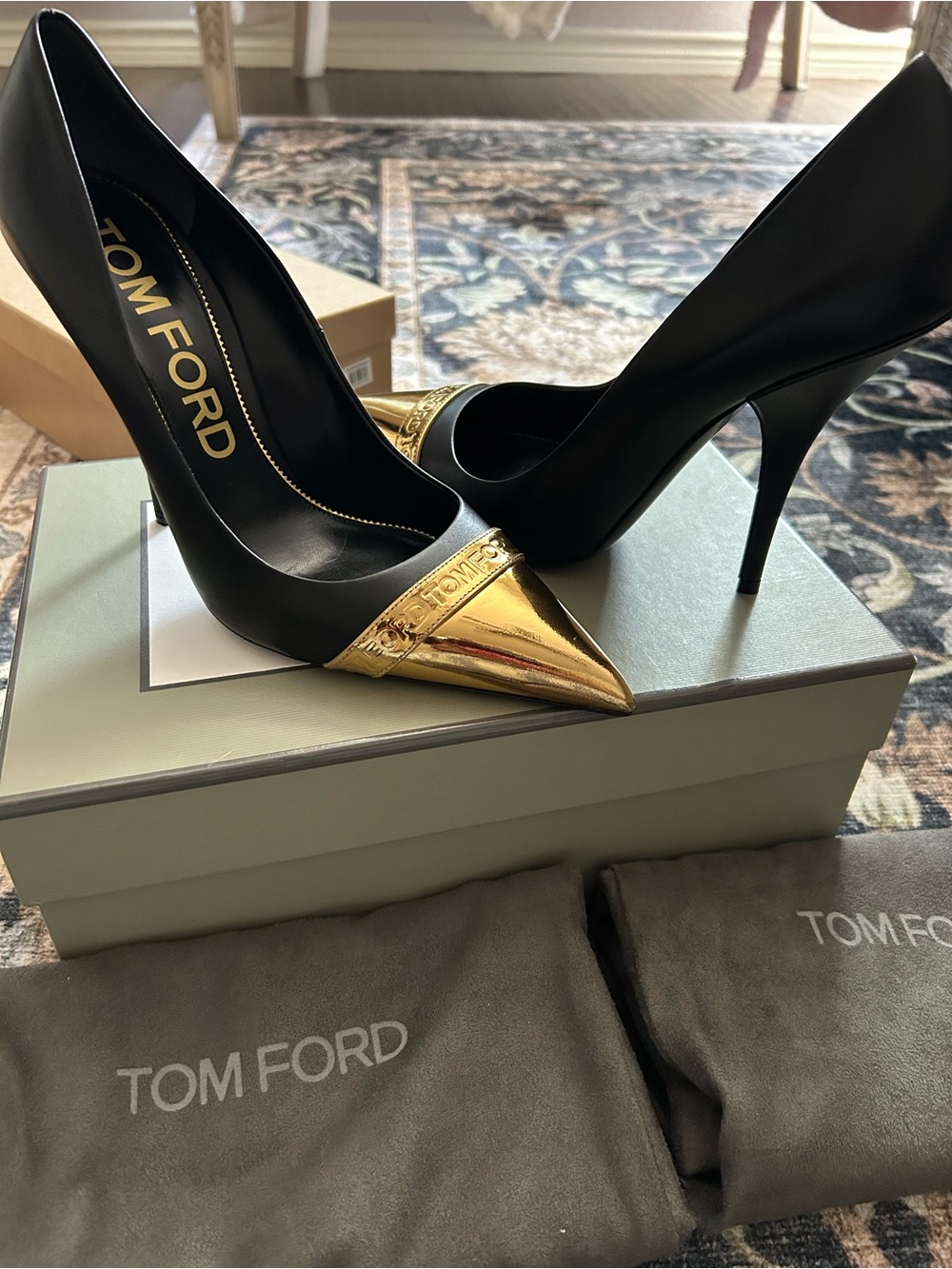 Neiman Marcus Black Pumps with Gold Pointed Toe